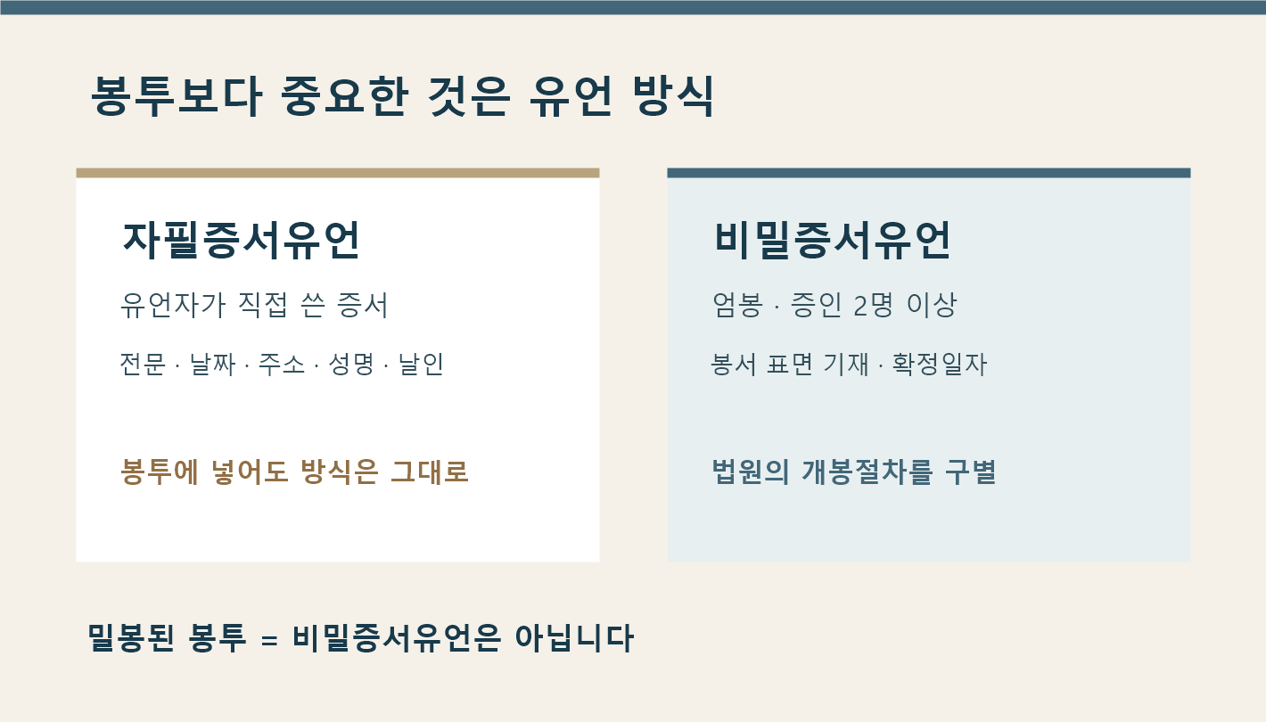 자필유언장 봉투를 이미 열었다면? 검인과 효력은 별개입니다(2026년 최신) 3 자필증서유언과 비밀증서유언의 방식 및 봉투 차이 비교