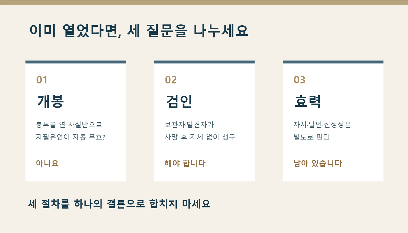 자필유언장 봉투를 이미 열었다면? 검인과 효력은 별개입니다(2026년 최신) 4 봉투 개봉과 검인 청구, 유언 효력을 나누어 판단하는 세 질문