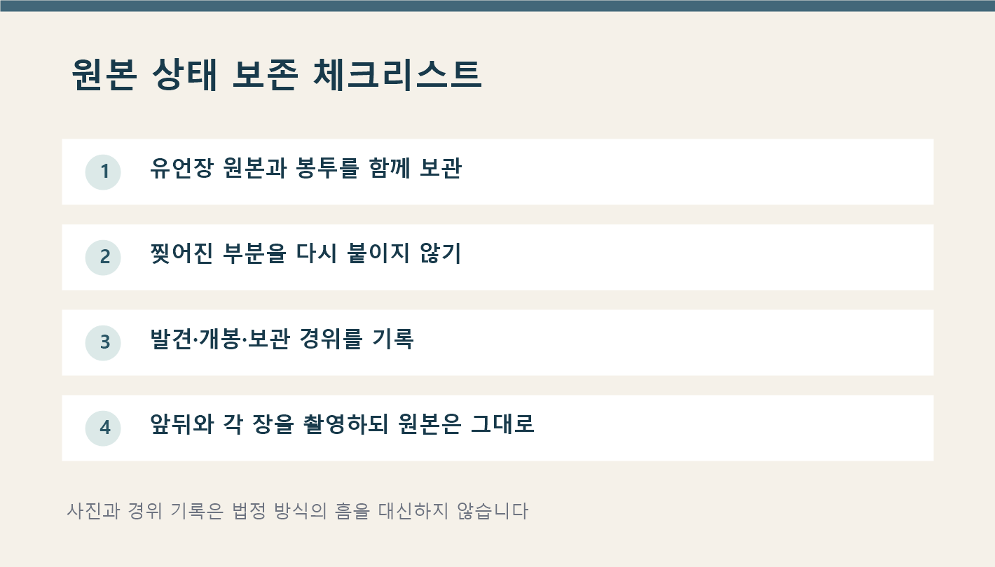 자필유언장 봉투를 이미 열었다면? 검인과 효력은 별개입니다(2026년 최신) 5 유언장 원본과 봉투를 보존하고 발견 경위를 기록하는 체크리스트