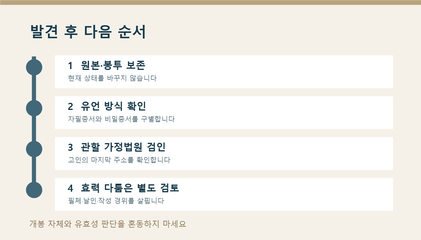 자필유언장 봉투를 이미 열었다면? 검인과 효력은 별개입니다(2026년 최신) 6 원본 보존부터 유언 방식 확인, 검인 청구와 효력 검토까지의 순서