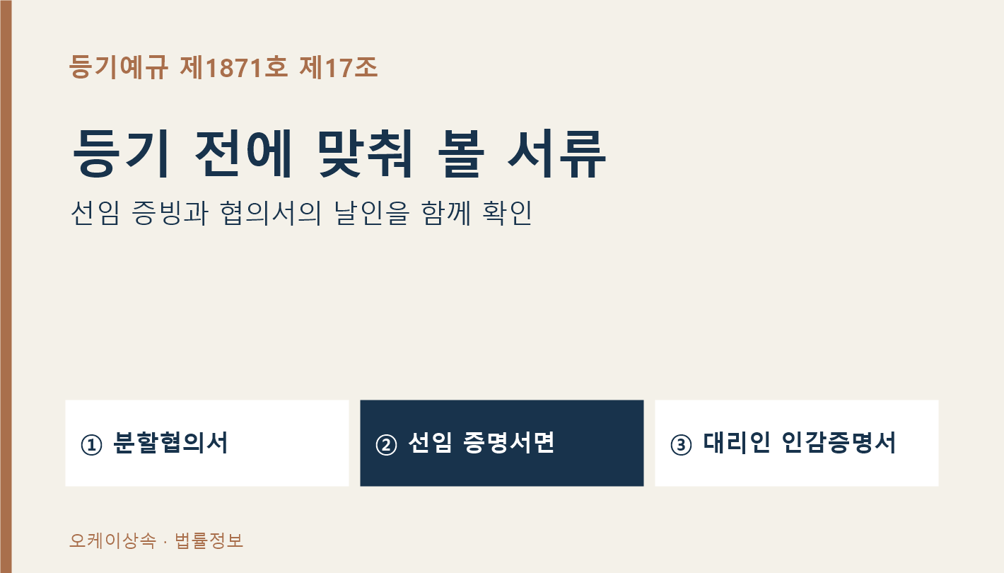 협의분할 등기 시 분할협의서와 선임 증빙 및 대리인 인감증명 확인 항목