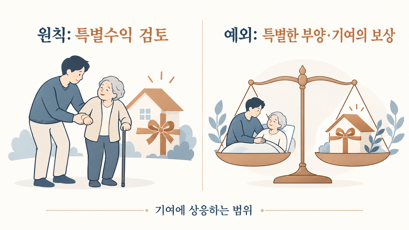 특별수익 원칙과 특별한 부양·기여 보상 예외를 대비한 설명도