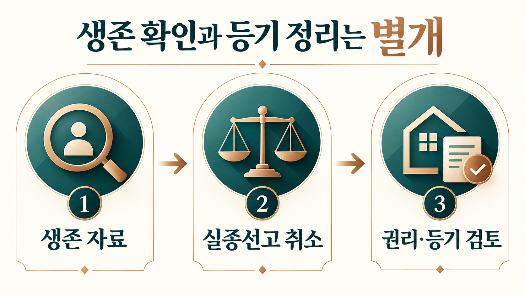 생존 자료 확인, 실종선고 취소, 권리와 등기 검토의 세 단계
