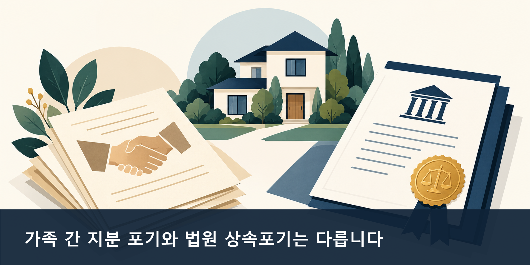가족 간 지분 포기와 가정법원 상속포기 수리의 차이를 보여주는 그림
